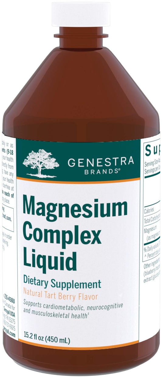 Genestra Brands Magnesium Complex Liquid bottle on countertop for cardiovascular support.