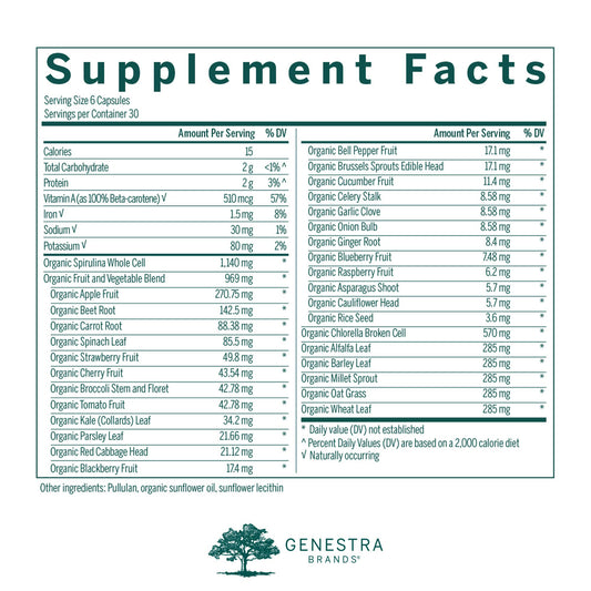 Genestra Phyto Greens bottle back label shows vitamins and enzyme blend for nutrition