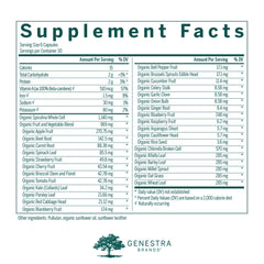 Genestra Phyto Greens bottle back label shows vitamins and enzyme blend for nutrition