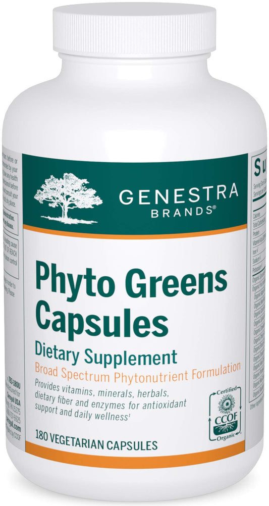 Genestra Phyto Greens capsules bottle front view highlighting antioxidant support
