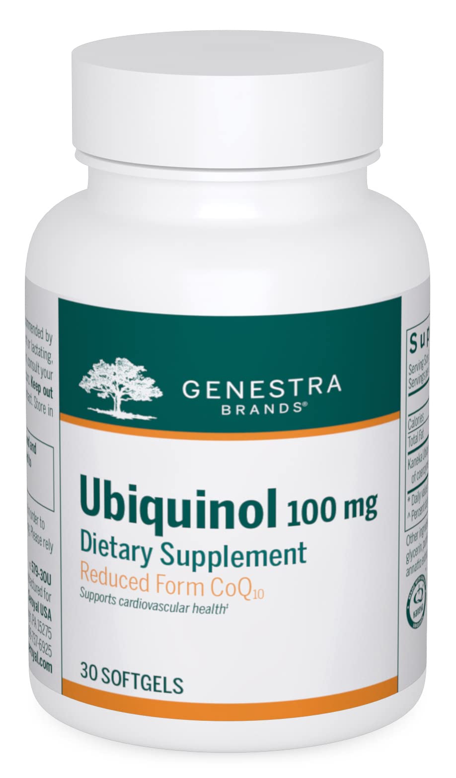 Genestra Ubiquinol 100 mg bottle with antioxidant support label.