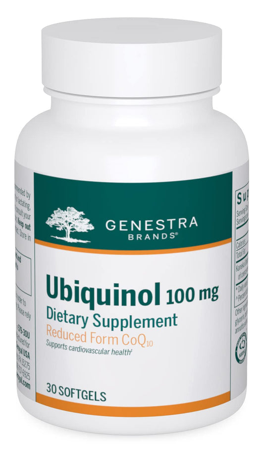 Genestra Ubiquinol 100 mg bottle with antioxidant support label.