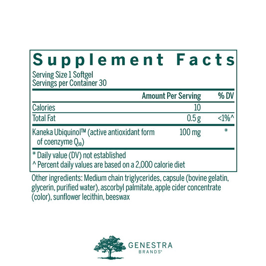 Close-up of Genestra Ubiquinol 100 mg softgels for easy swallowing.