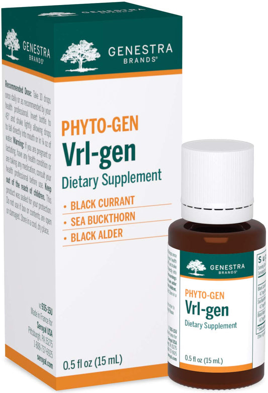 Genestra VRL-GEN bottle front showing black currant blend for digestive support