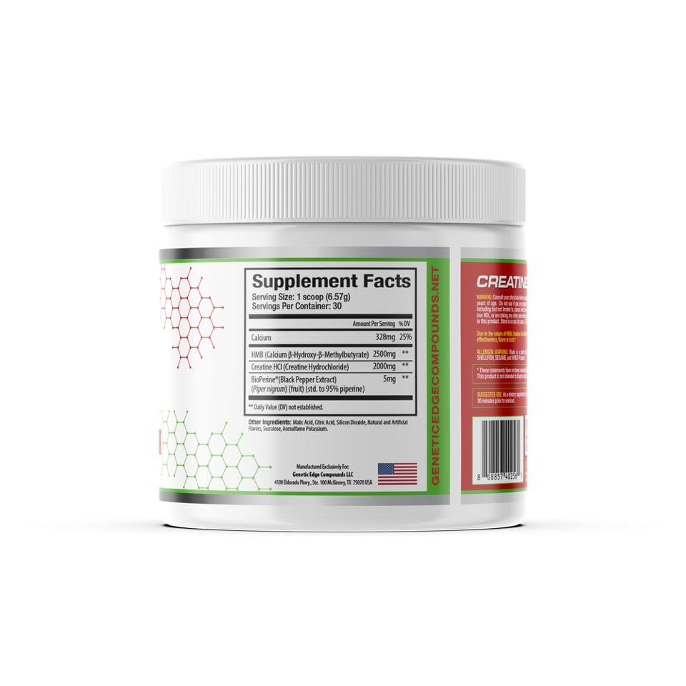 Closeup of Genetic Edge Creatine HCl + HMB tub highlighting clean label