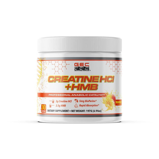 Genetic Edge Creatine HCl + HMB bottle shows a clean formula for focused training.