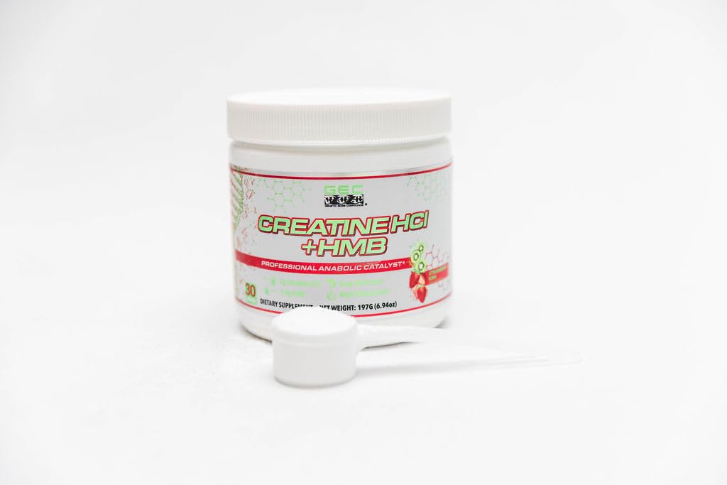 Pre-workout setup featuring Genetic Edge Creatine HCl + HMB on a gym bench