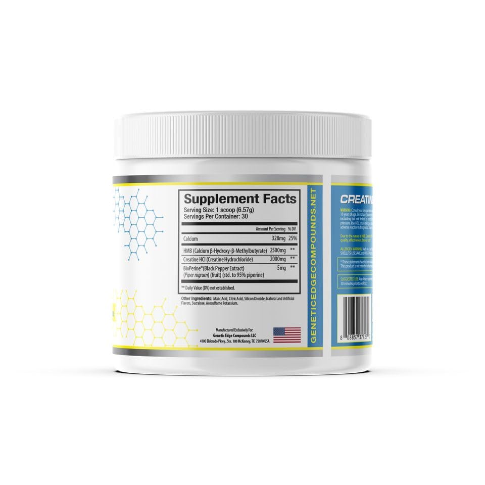 Genetic Edge Creatine HCl + HMB closeup emphasizes fast absorption benefits.