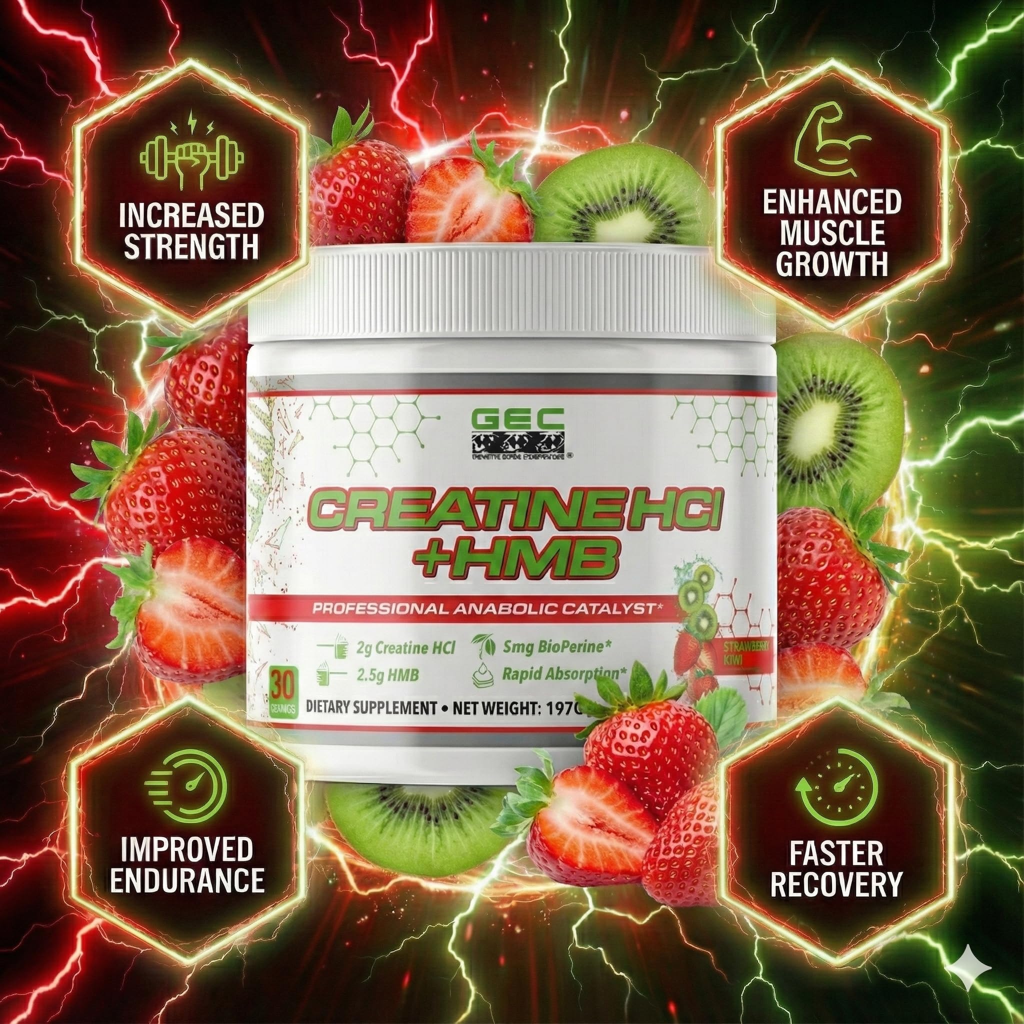 Genetic Edge Creatine HCl + HMB scoop showing rapid absorption for workouts