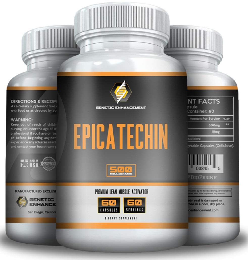 Genetic Enhancement Epicatechin bottle label highlighting premium formula for potential exercise support.