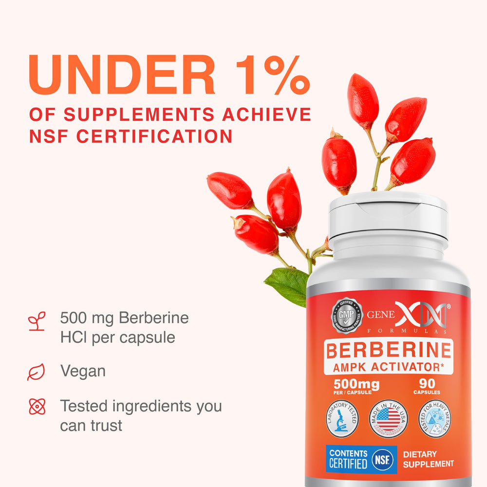 Packaging box for Genex Berberine HCl 500mg highlights vegetarian formulation.
