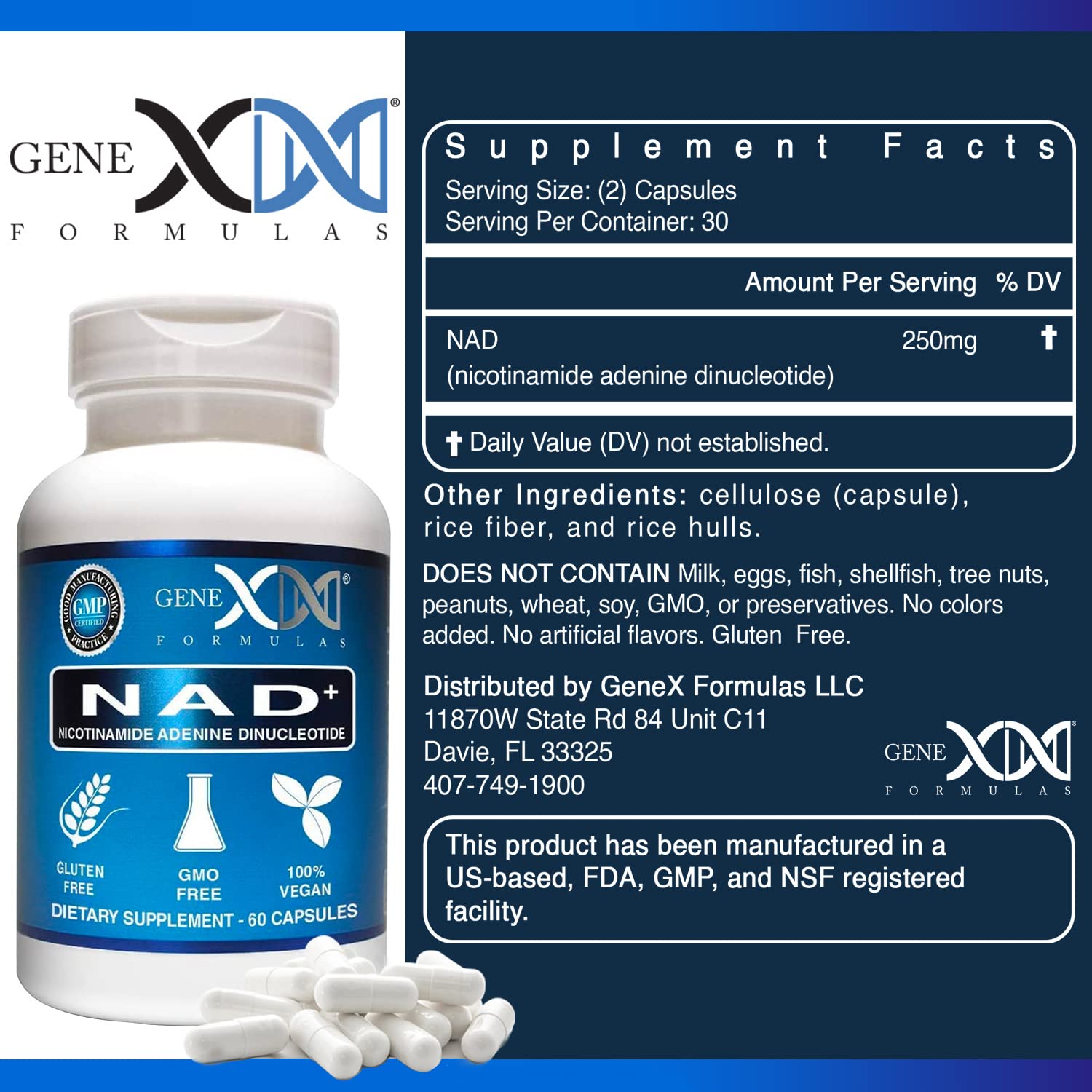 Genex Formulas NAD+ bottle front displays dosage and packaging.
