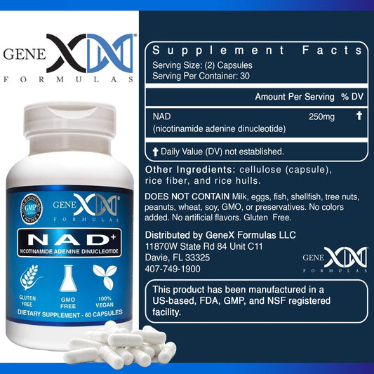 Genex Formulas NAD+ bottle front displays dosage and packaging.