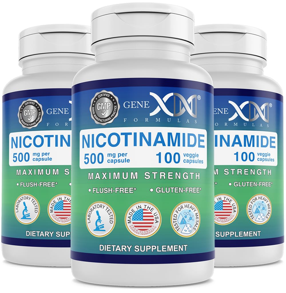 Genex Formulas Nicotinamide 500mg bottle front highlights compact daily skin support.