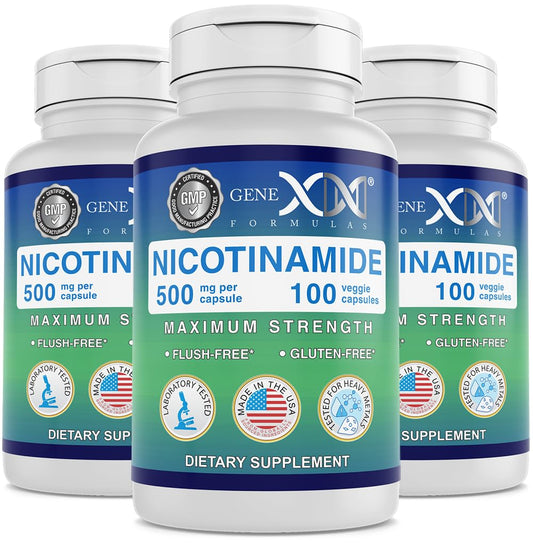 Genex Formulas Nicotinamide 500mg bottle front highlights compact daily skin support.