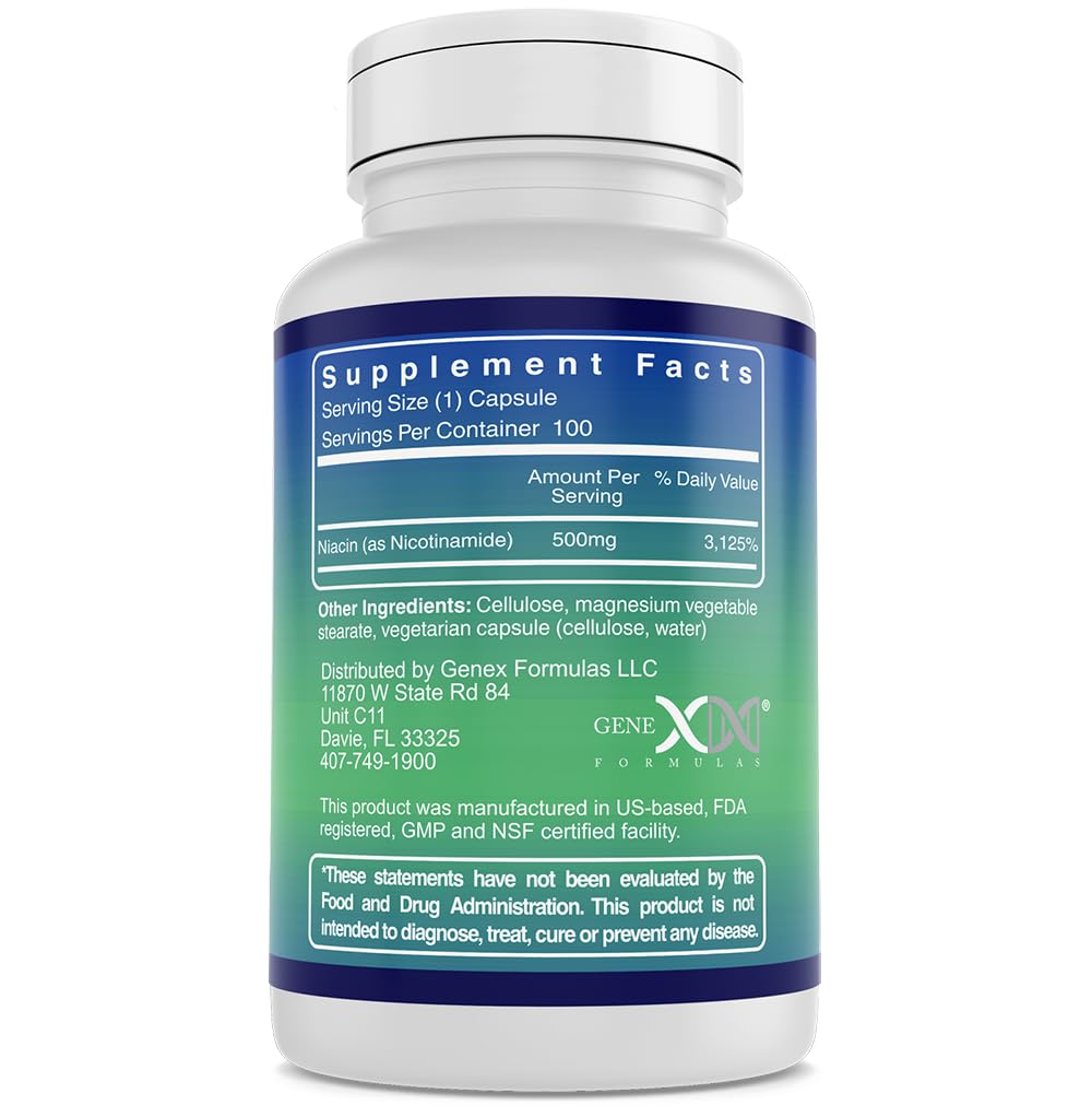 Genex Formulas Nicotinamide 500mg bottle label emphasizes 300 capsules per three-pack.