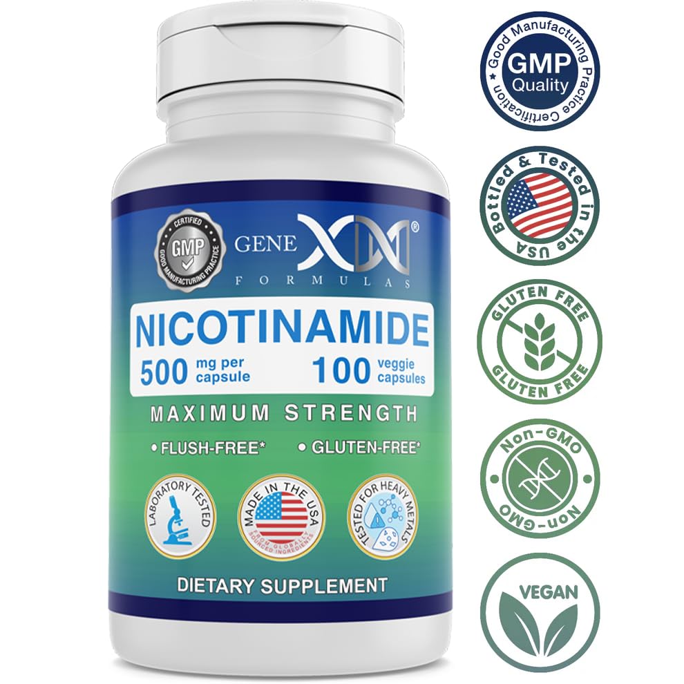 Genex Formulas Nicotinamide 500mg capsules pouring into hand suggests easy daily intake.