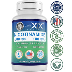 Genex Formulas Nicotinamide 500mg capsules pouring into hand suggests easy daily intake.