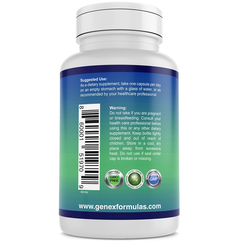 Genex Formulas Nicotinamide 500mg ingredients panel illustrates non-GMO, gluten-free formulation.