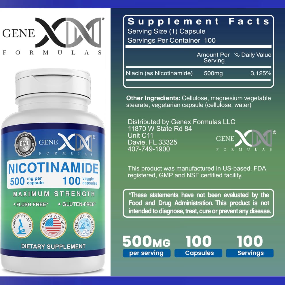 Genex Formulas Nicotinamide 500mg packaging shows a GMP-certified quality presentation.
