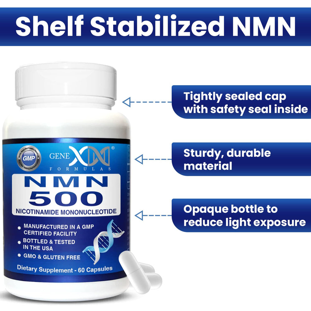 Genex Formulas NMN 500mg facility badge signals GMP and NSF certification.