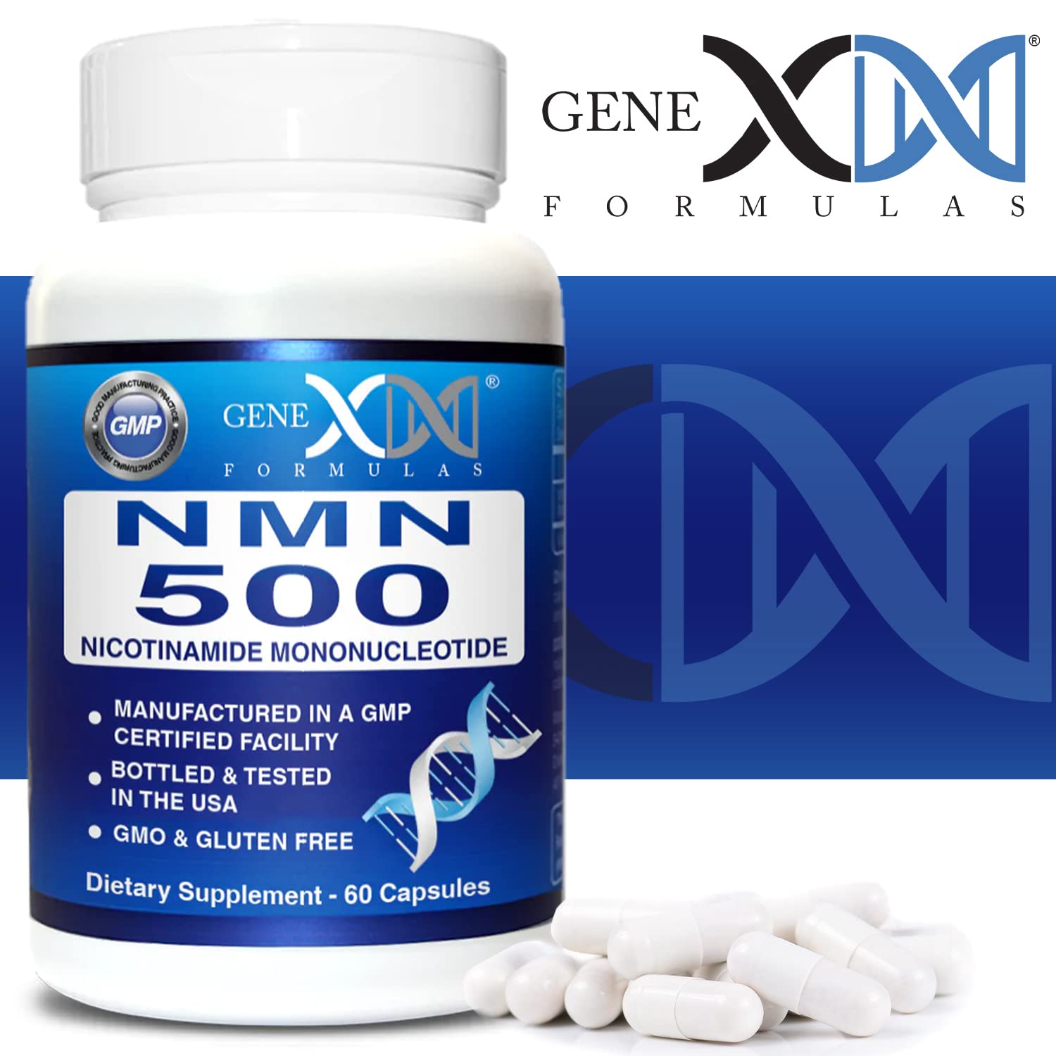 Genex Formulas NMN 500mg bottle stored in a cool dry place preserves quality.