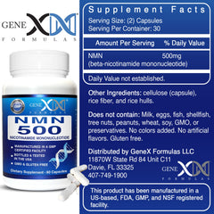Genex Formulas NMN 500mg unflavored capsules for convenient daily use.