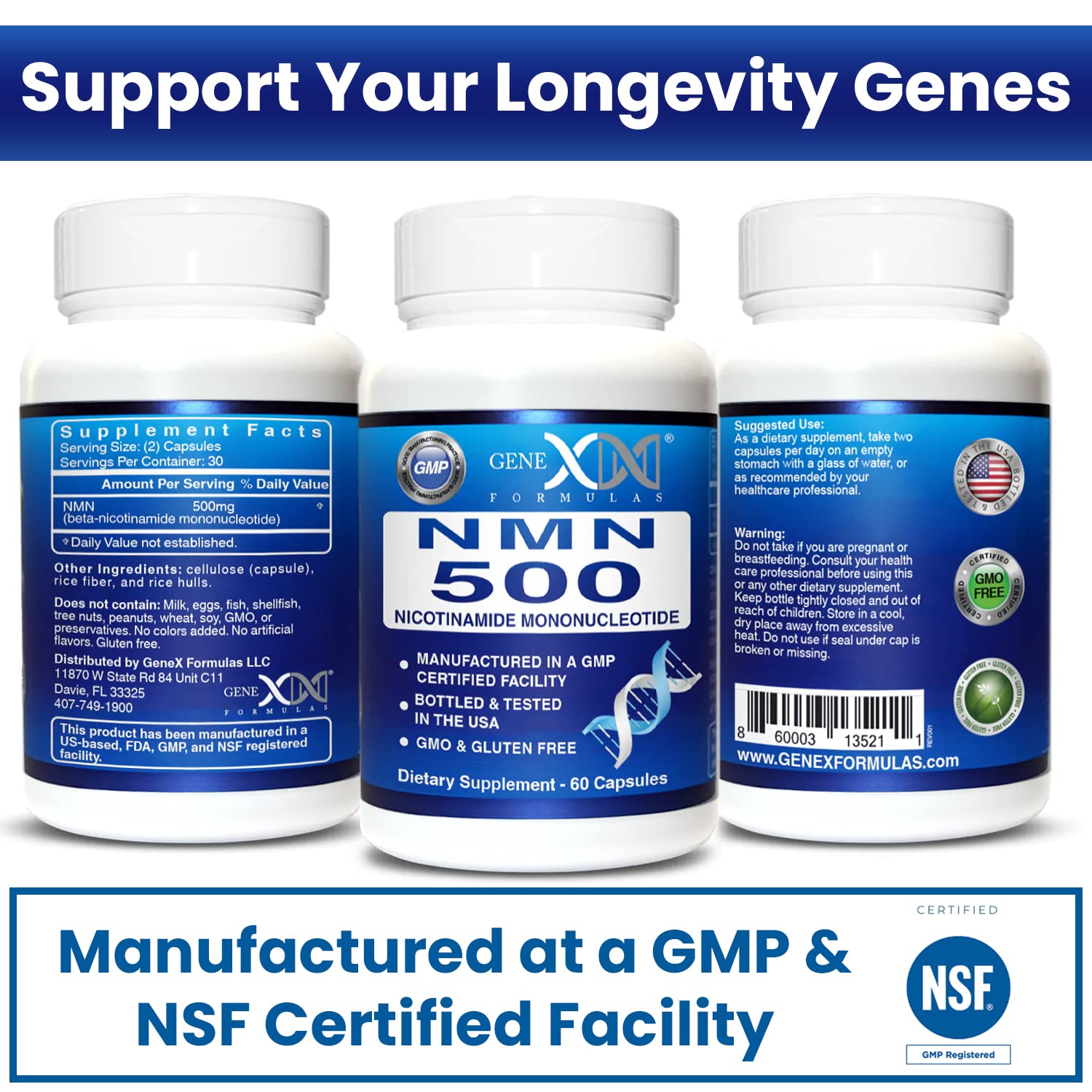 Genex Formulas NMN 500mg label highlights vegan and gluten-free formula.