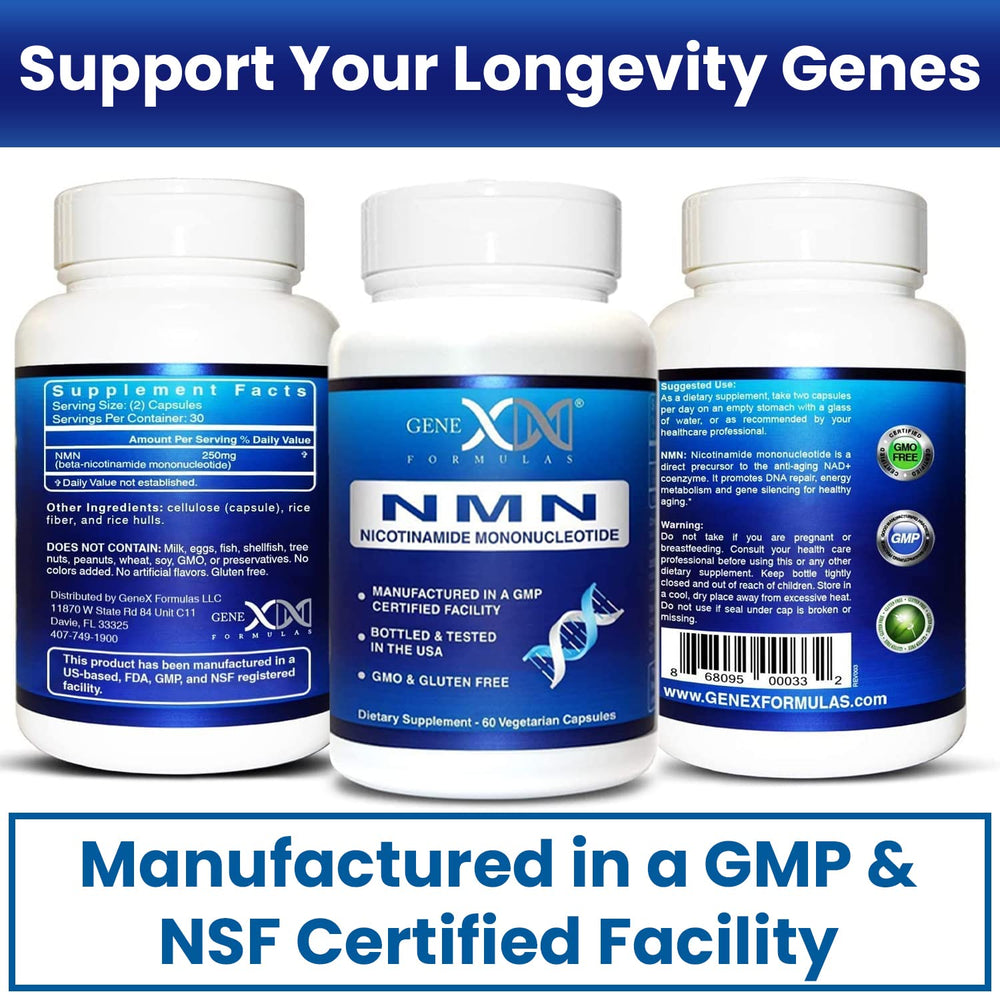 Genex Formulas NMN bottle close-up highlighting labeling and cap.