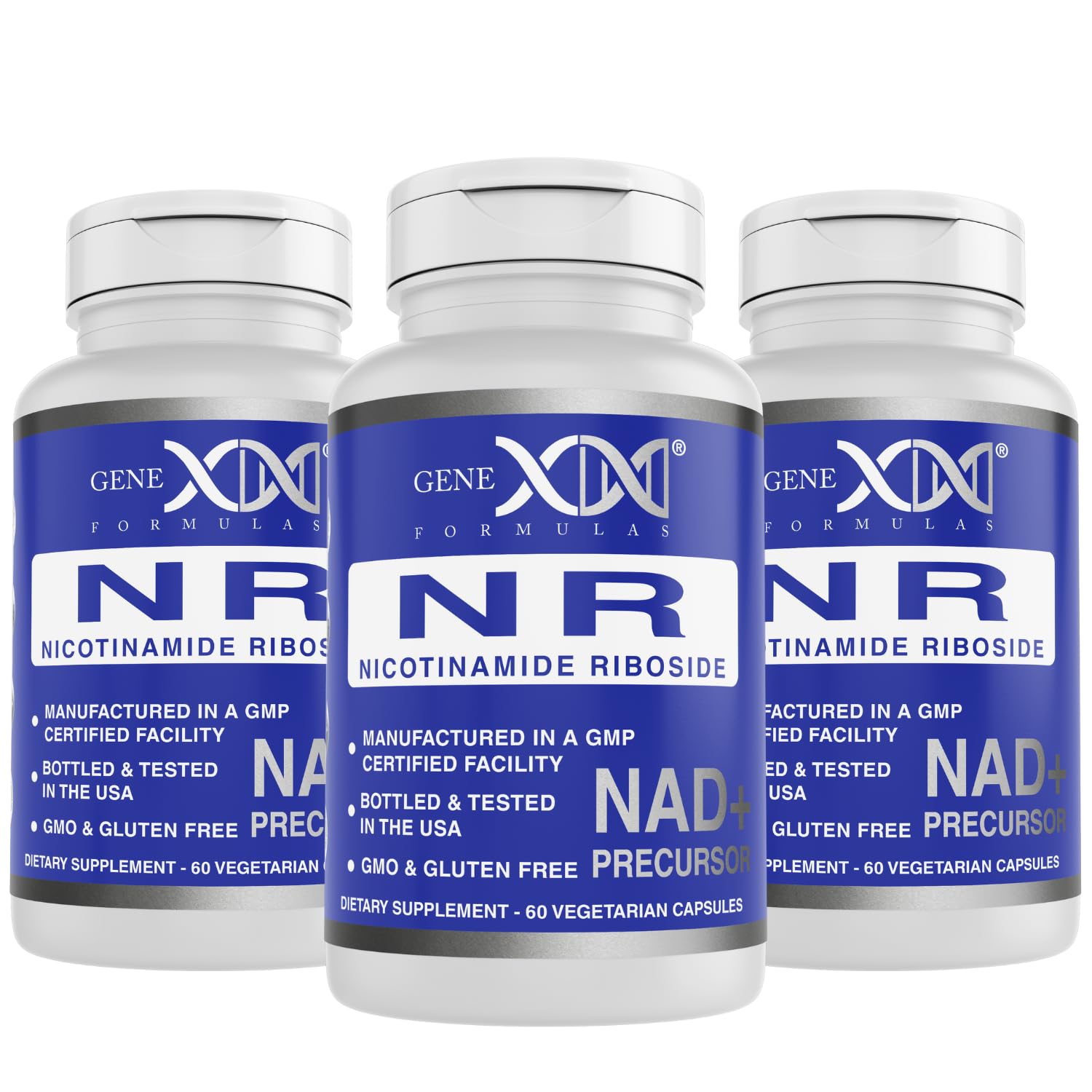 Genex Formulas NR bottle front showing NAD+ precursor benefits for energy support