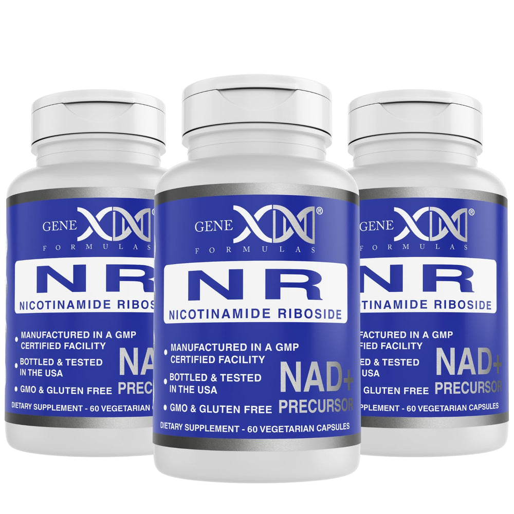 Genex Formulas NR bottle front showing NAD+ precursor benefits for energy support