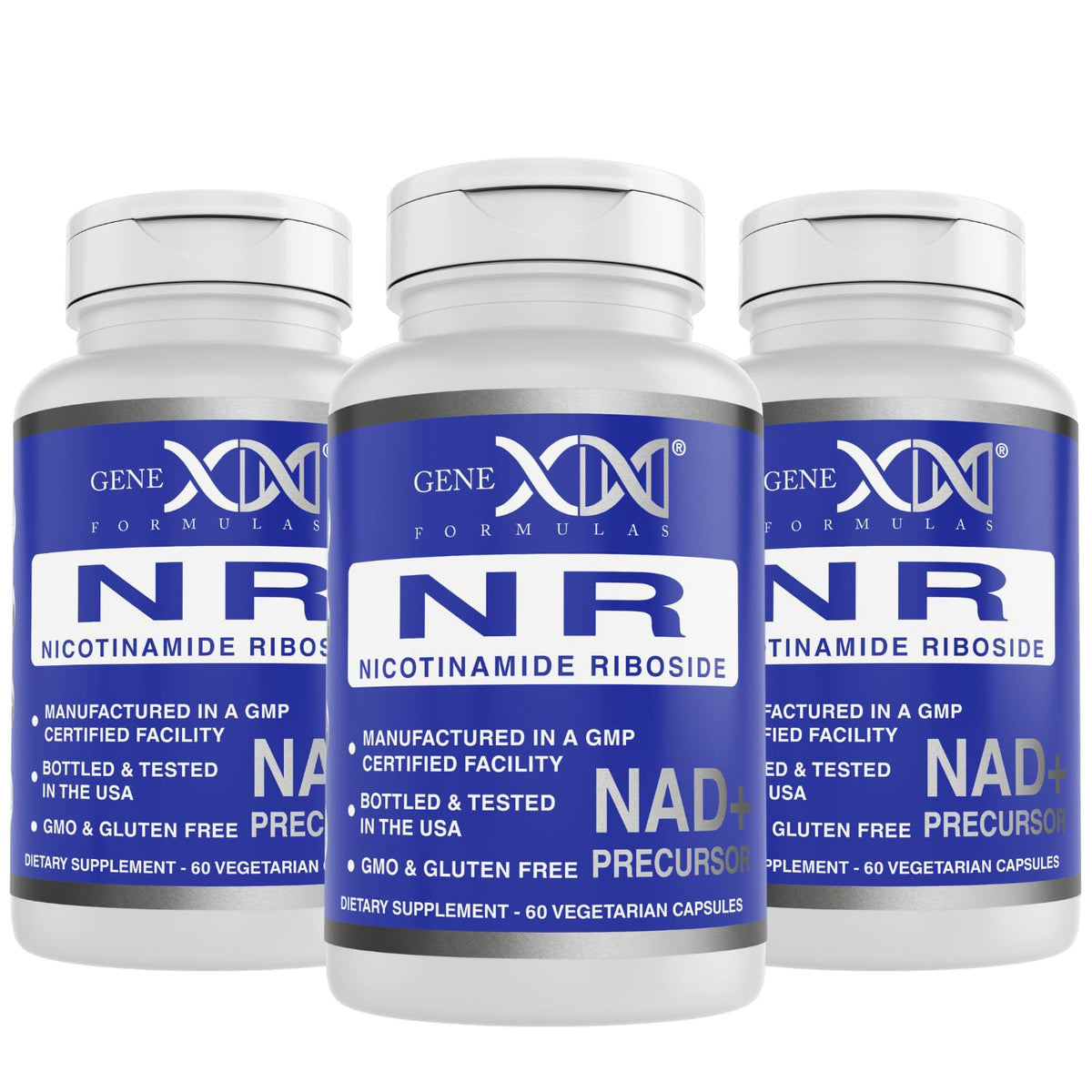 Genex Formulas NR bottle front showing NAD+ precursor benefits for energy support