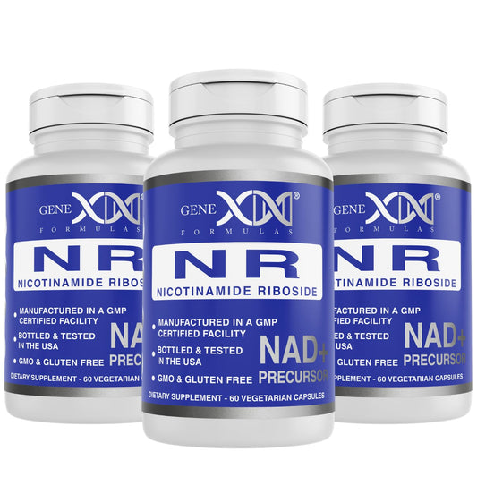 Genex Formulas NR bottle front showing NAD+ precursor benefits for energy support