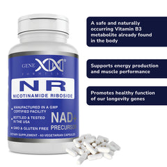 Genex Formulas NR bottle side panel details ingredients and certifications