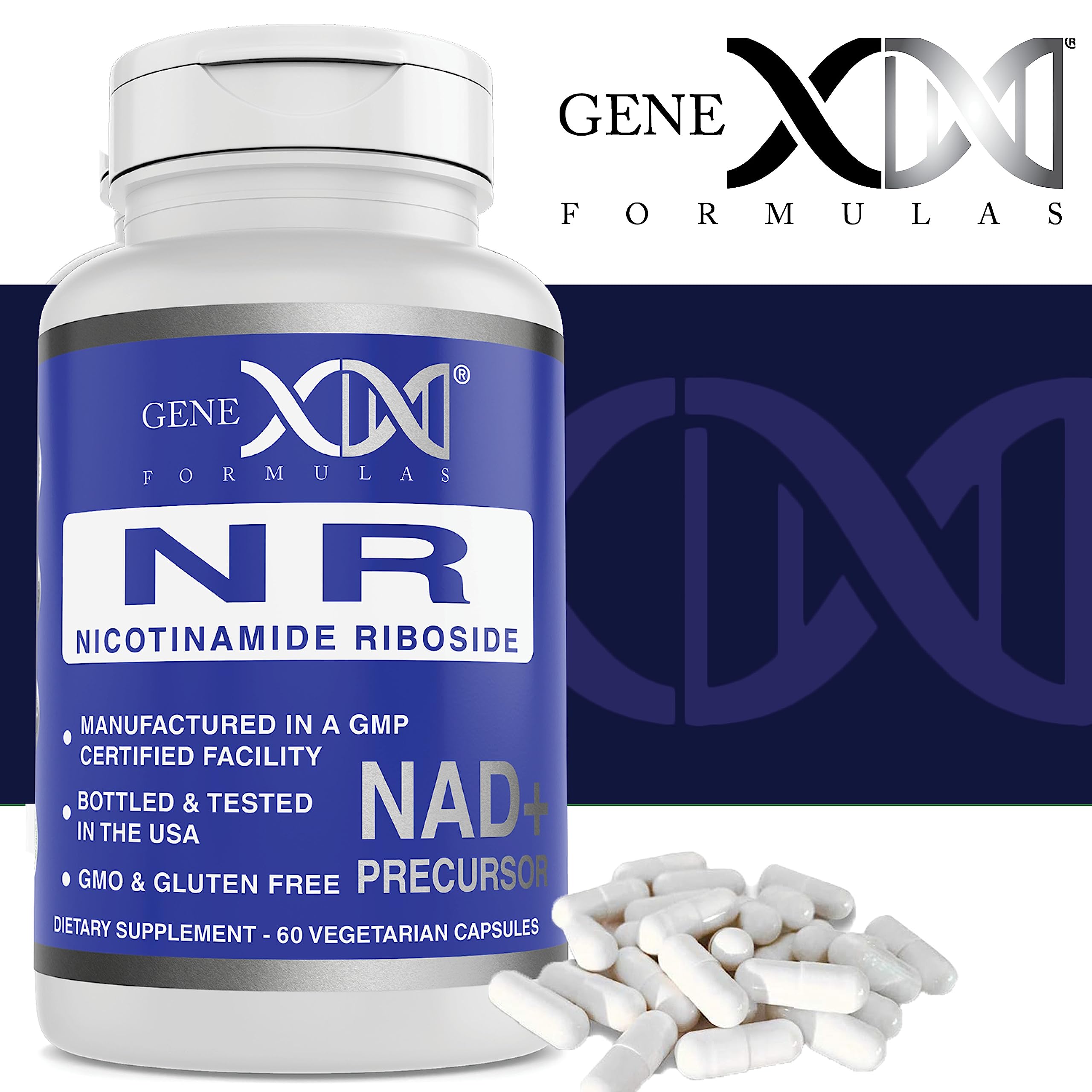 Genex Formulas NR gluten-free non-GMO claim on label