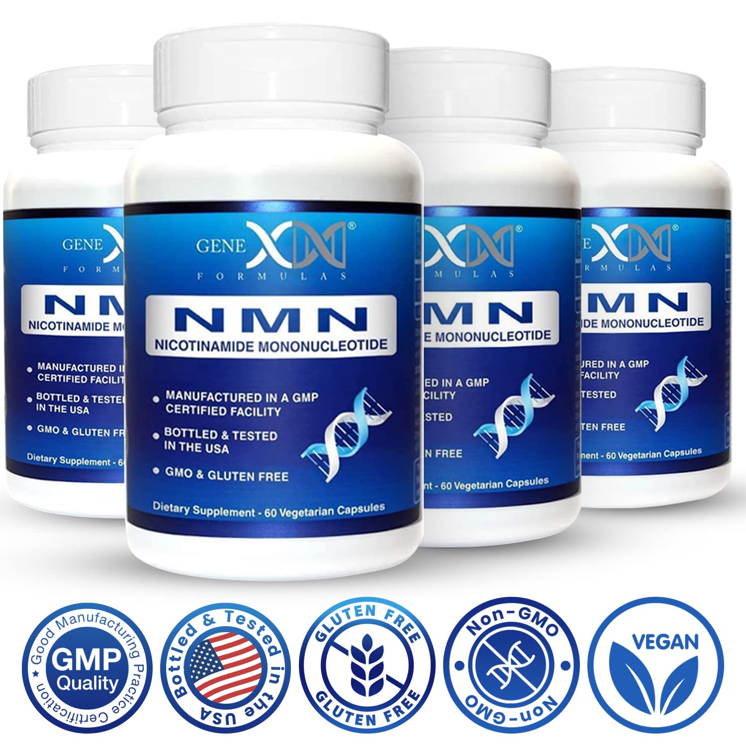 Non-GMO, vegan, gluten-free seal on Genex Formulas NMN