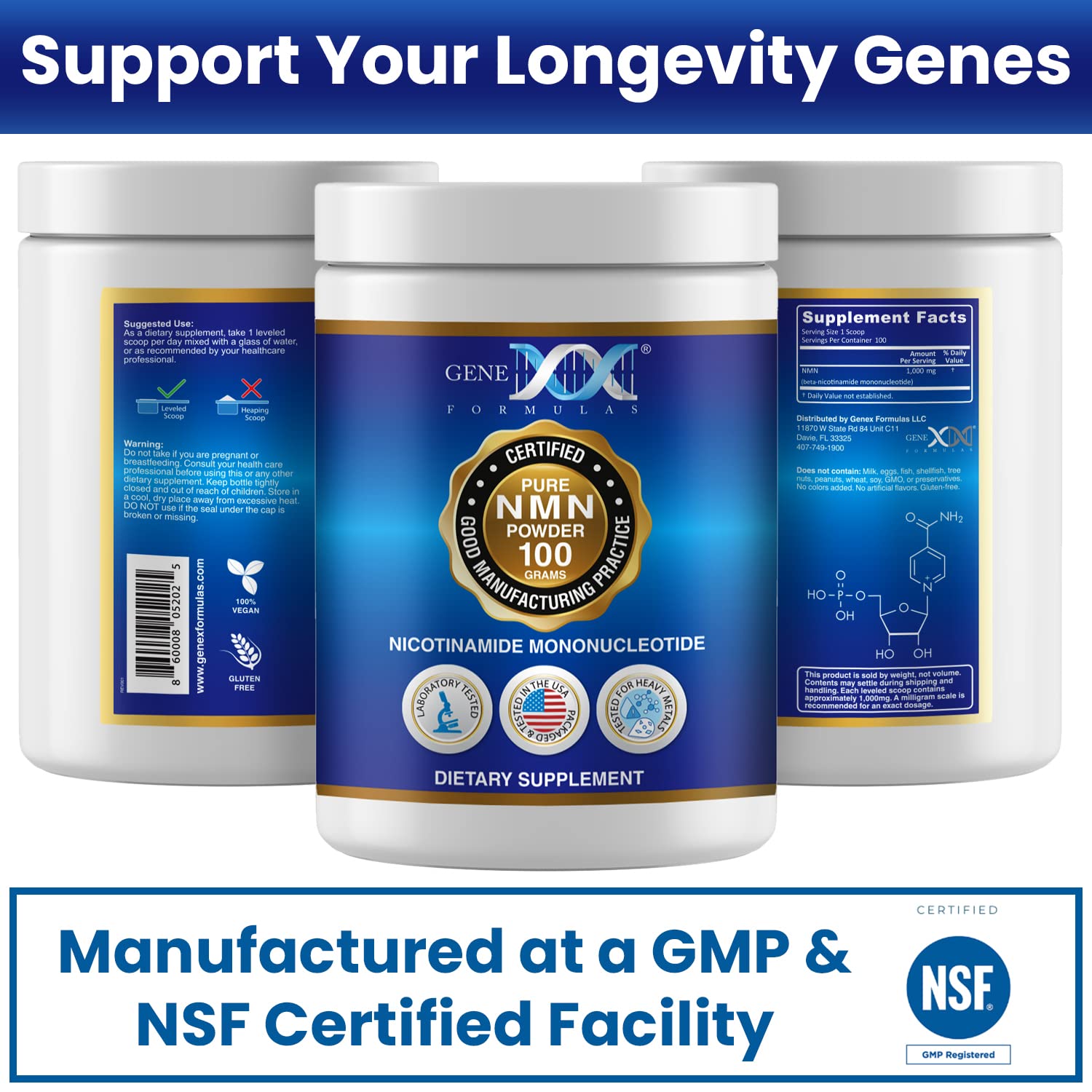 Genex Formulas NMN powder produced via enzyme process indicating non synthetic origin
