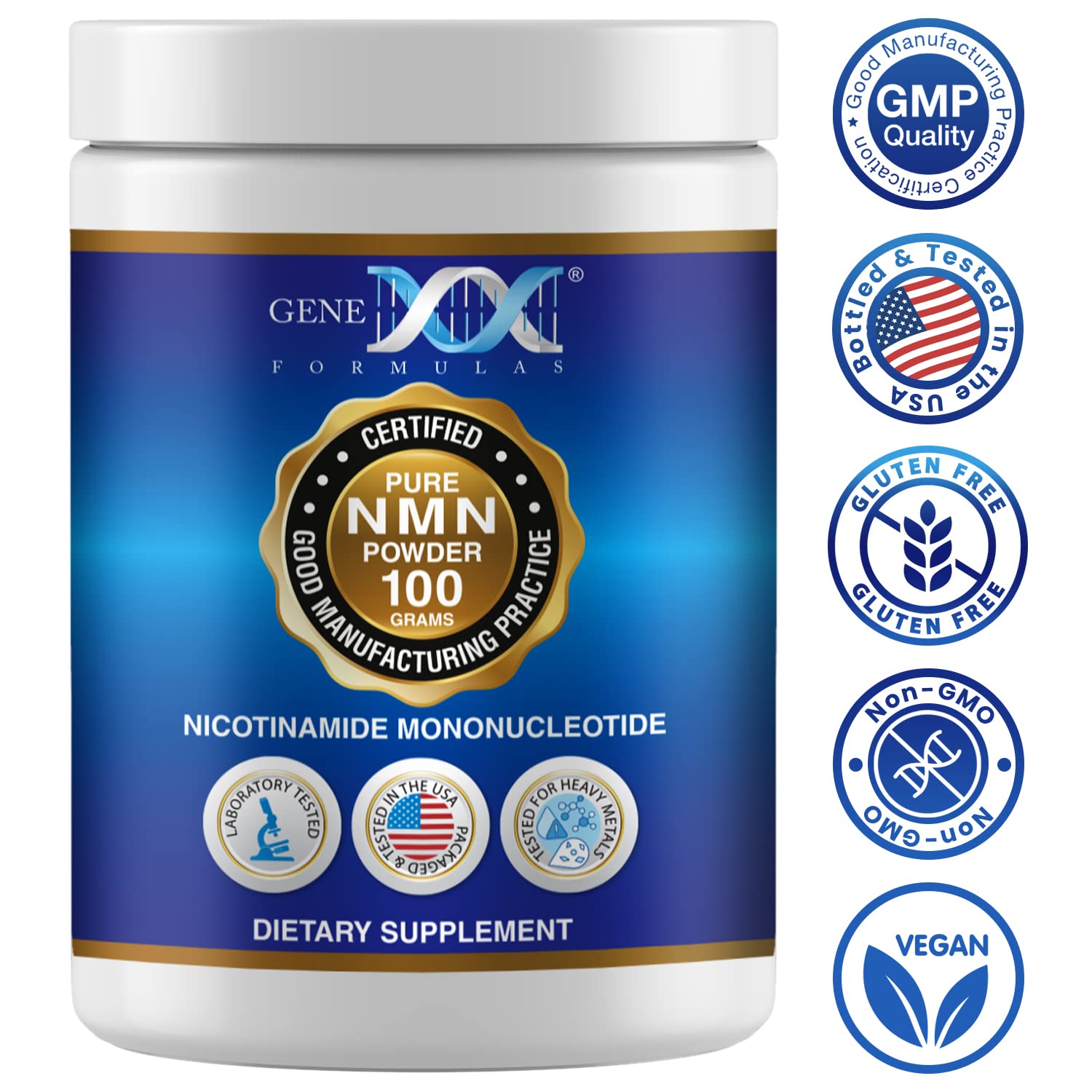 Genex Formulas NMN powder in an opaque bottle protects NMN from light