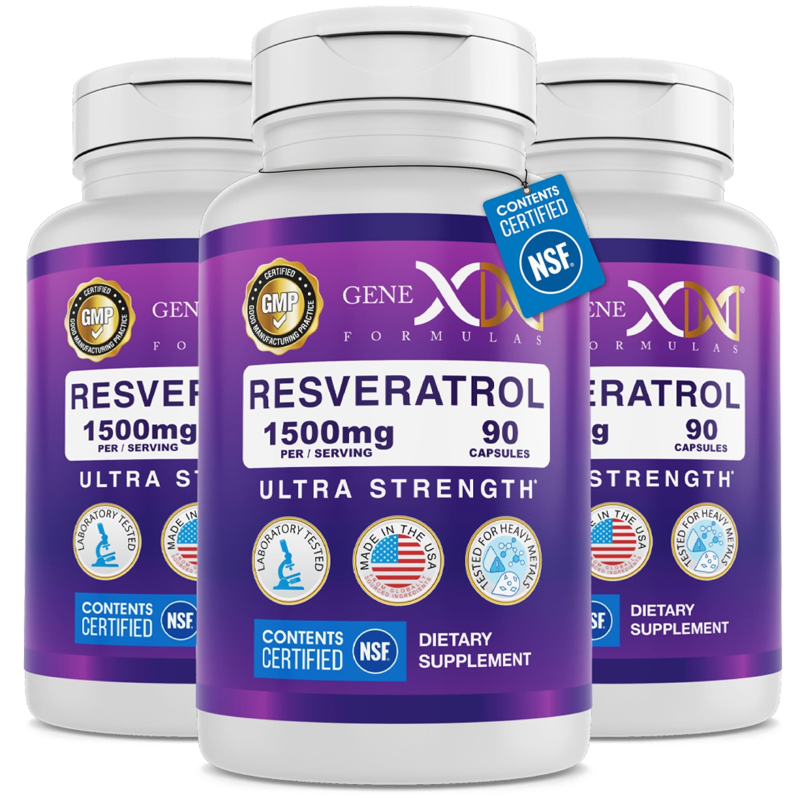 Genex Formulas Resveratrol 1500mg bottle front highlights dosage and quality