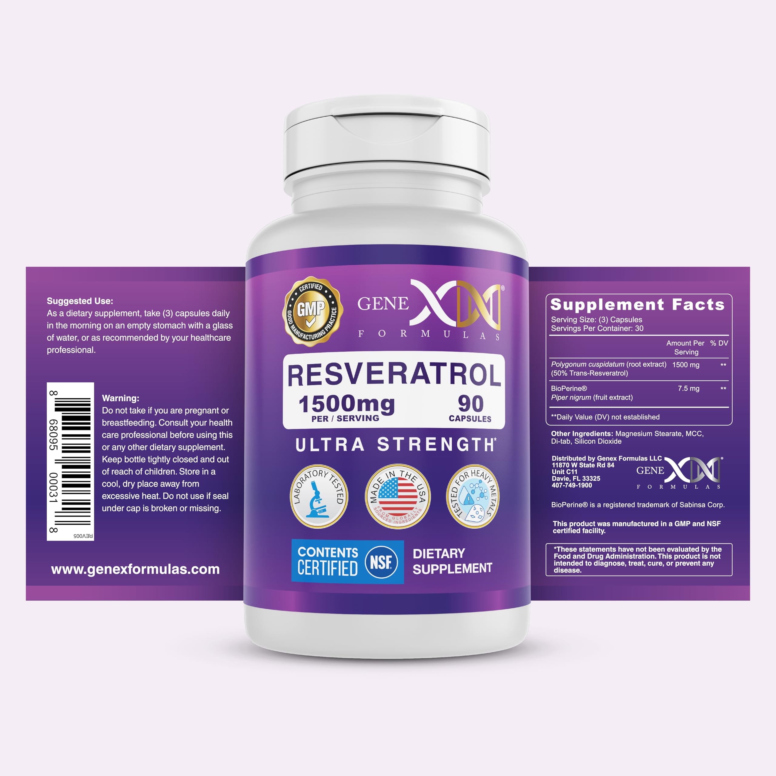 Genex Formulas Resveratrol bottle back shows COA for purity