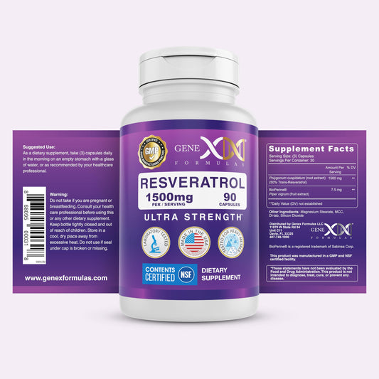 Genex Formulas Resveratrol bottle back shows COA for purity