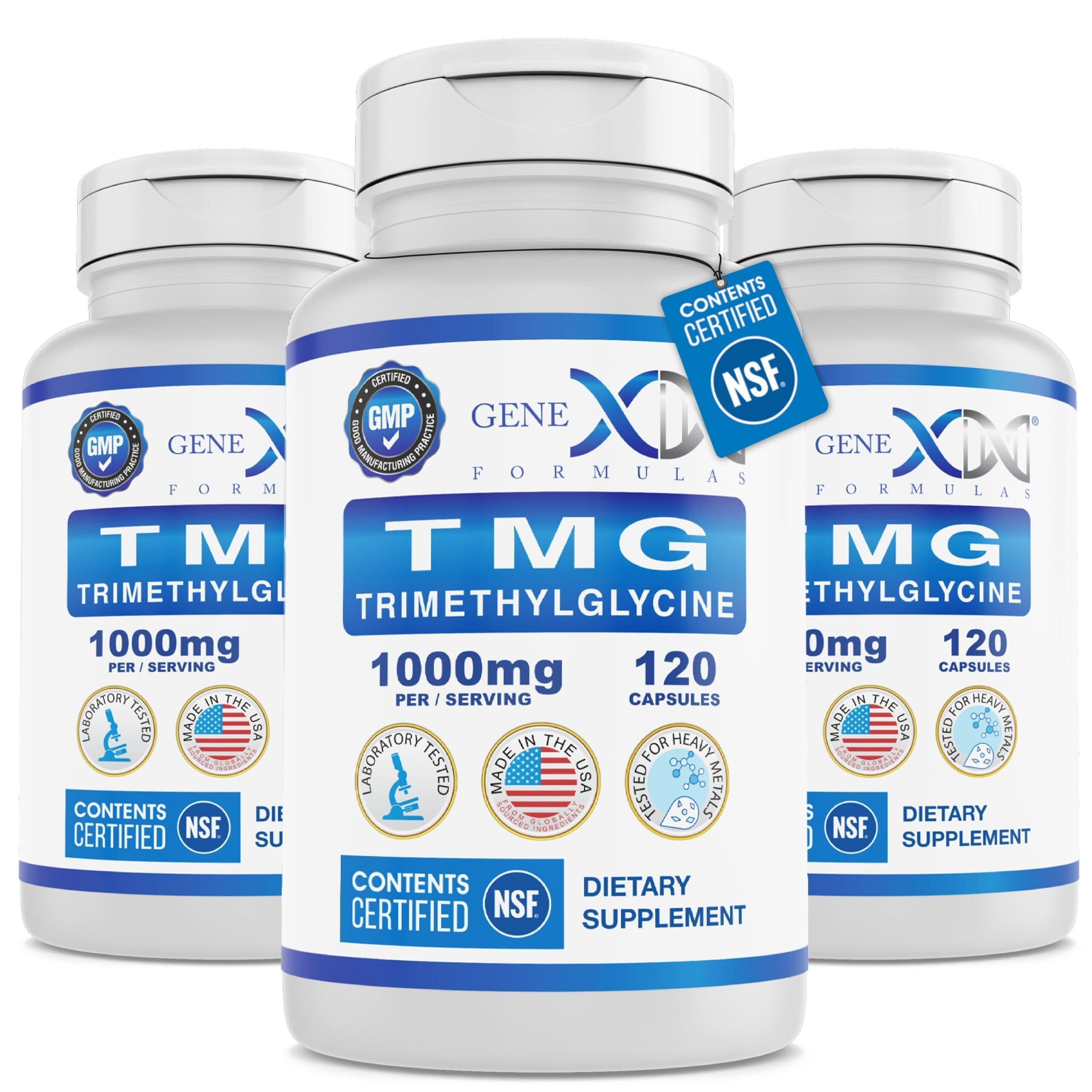 Genex Formulas TMG bottle front promotes daily wellness with a non-GMO formula.