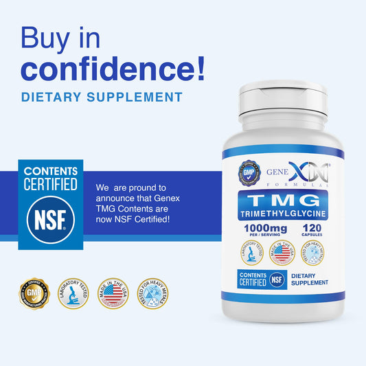 Close-up of Genex TMG capsules highlighting 1000mg dosage for daily support.