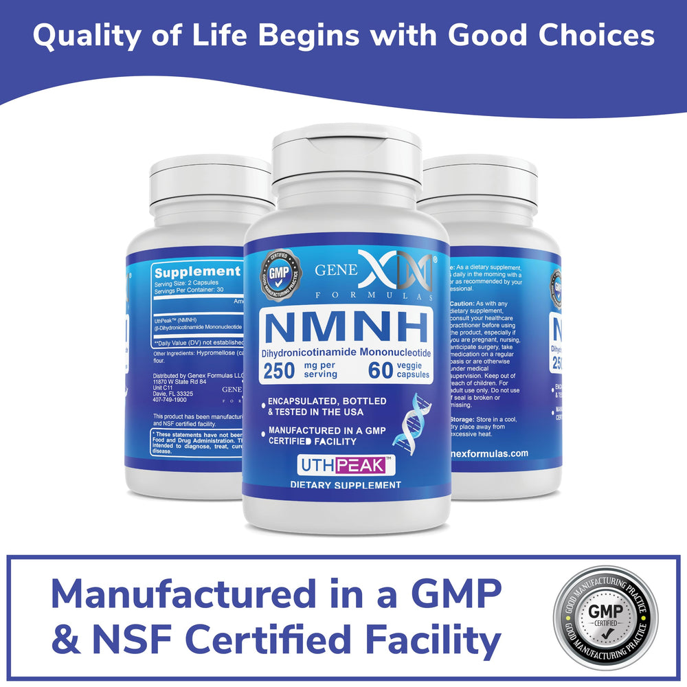 Genex Formulas NMNH non-GMO gluten-free icons underline purity and dietary fit