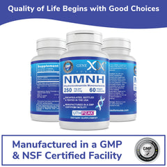 Genex Formulas NMNH non-GMO gluten-free icons underline purity and dietary fit