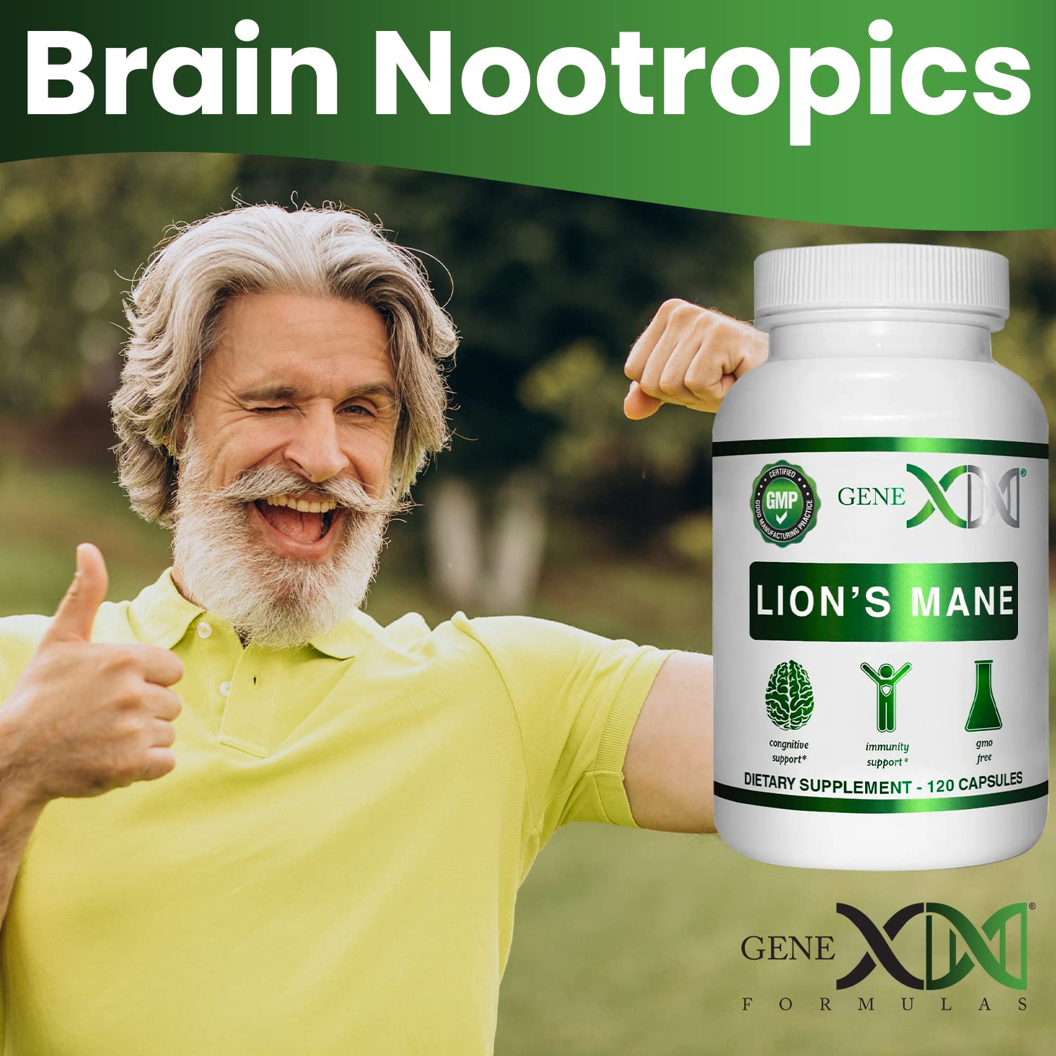 Genex Lions Mane bottle in hand suggests on-the-go support.