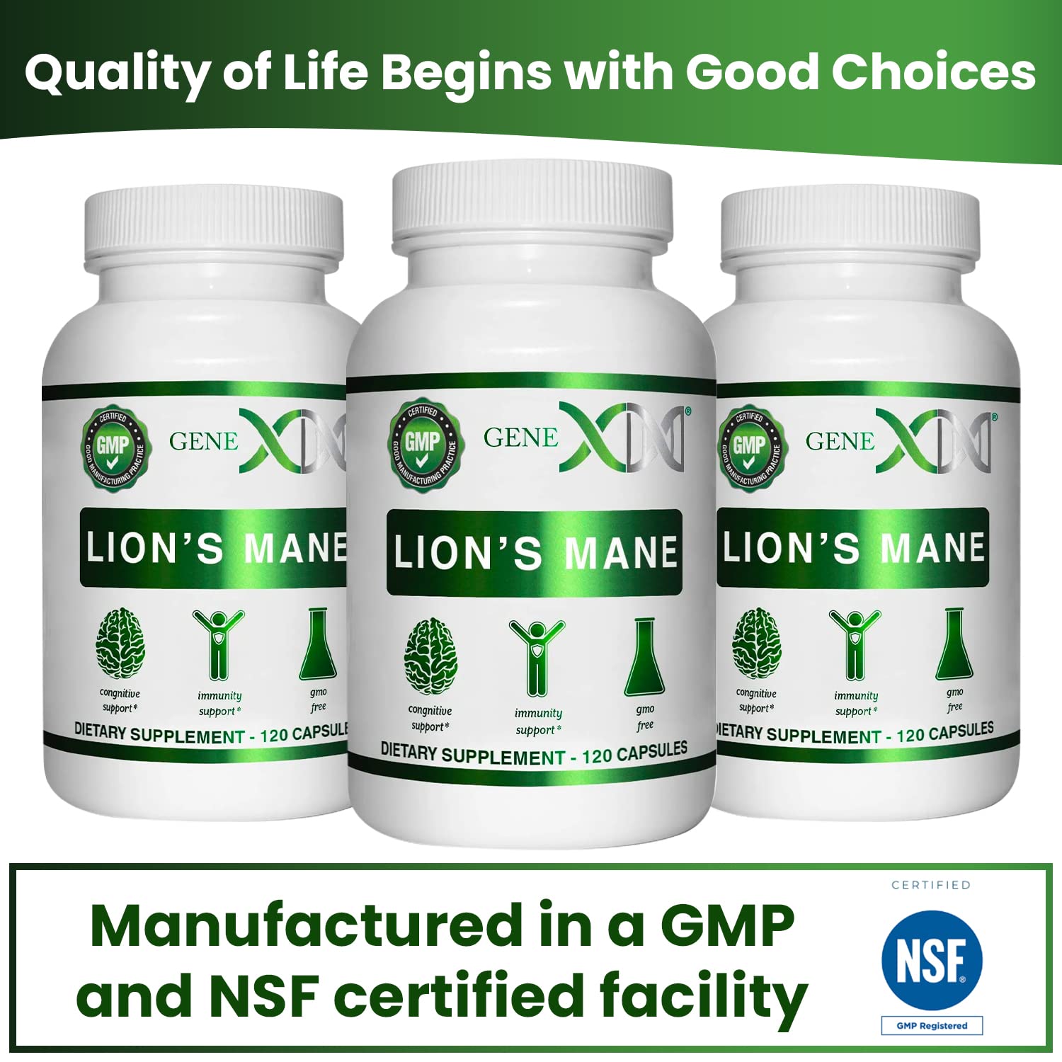 Genex Lions Mane ingredients panel highlights organic extract and non-GMO features.