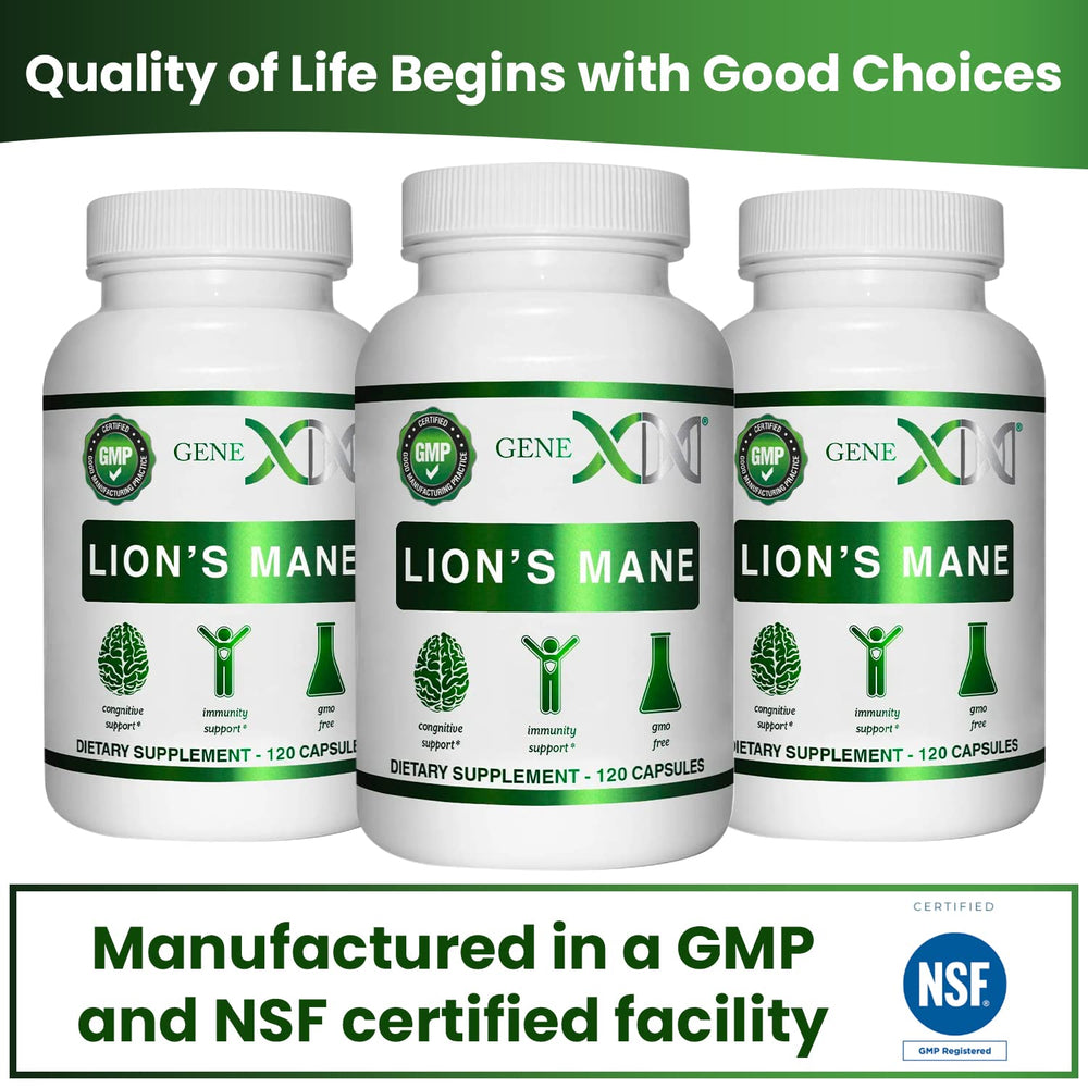 Genex Lions Mane ingredients panel highlights organic extract and non-GMO features.