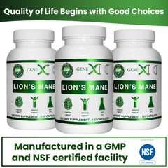 Genex Lions Mane ingredients panel highlights organic extract and non-GMO features.