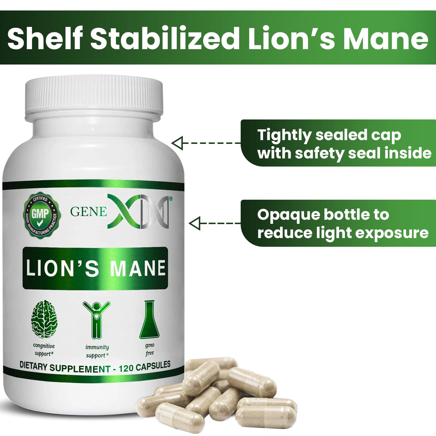 Genex Lions Mane label detail focuses on 1000mg extract per serving.